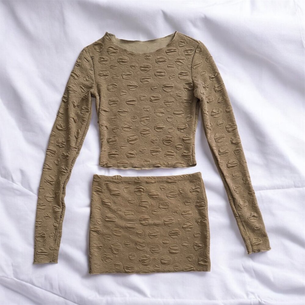 Tan Bubble Textured Long Sleeve Crop Top and Mini Skirt Two Piece Matching Set